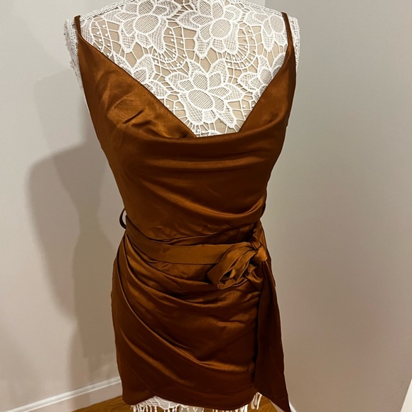NWOT Satin Ruched Mini Dress Brown Camel - Picture 7 of 8